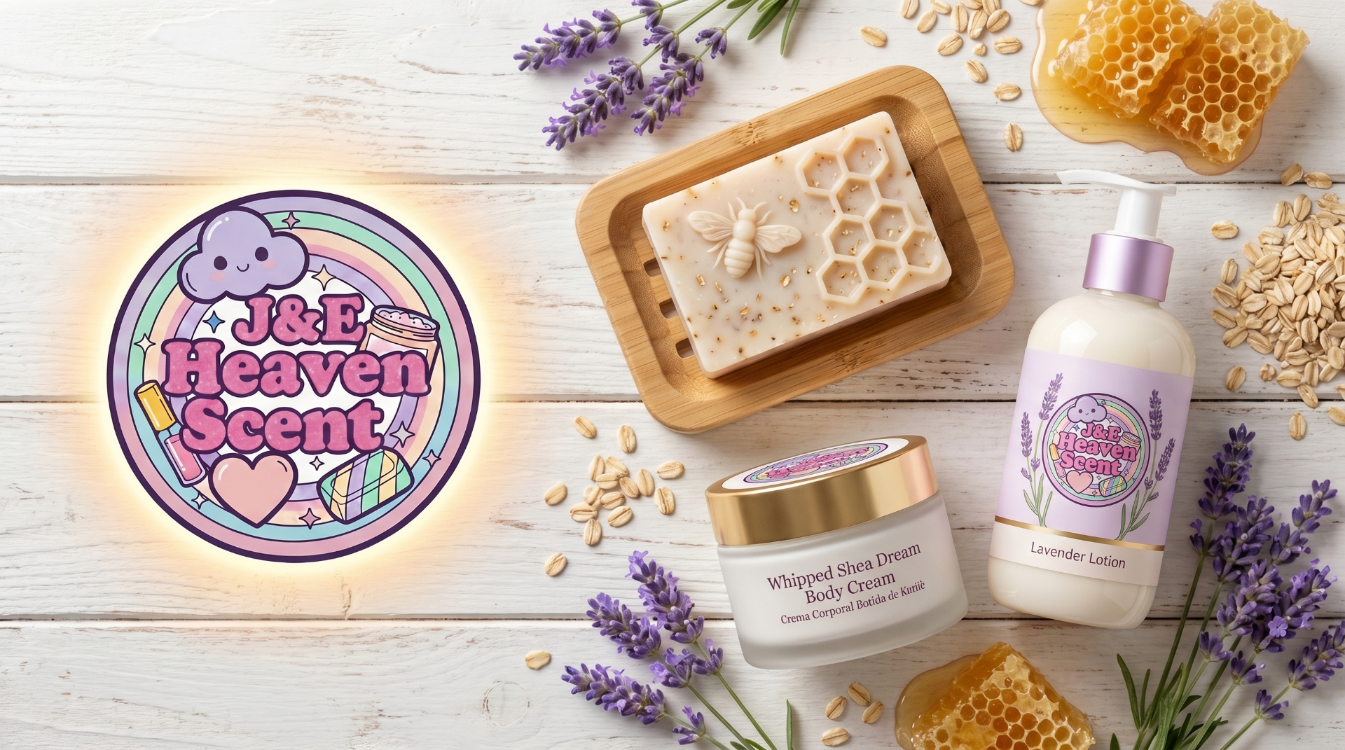 J&E Heaven Scent lavender, honey soap and lotion arranged on white wood